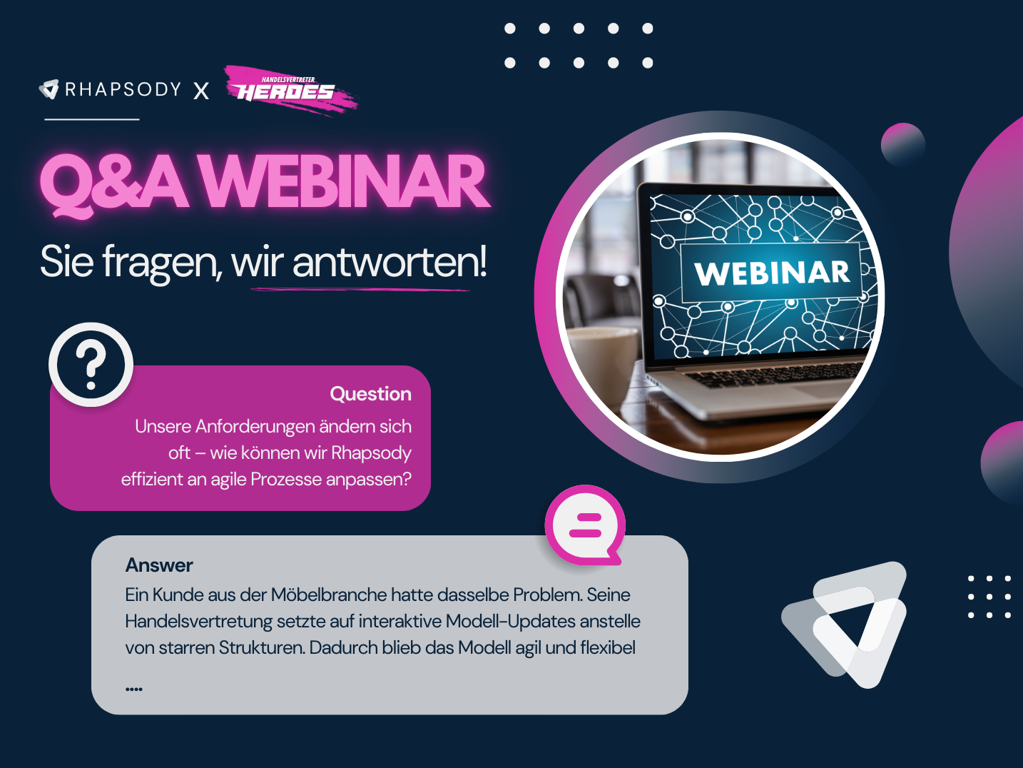 Grafik für ein Q&A Webinar von Rhapsody und Handelsvertreter Heroes. Der Titel 'Q&A Webinar – Sie fragen, wir antworten!' steht im Fokus. Eine Frage zu agilen Prozessen wird gestellt und eine Antwort mit einem Beispiel aus der Möbelbranche gegeben. Rechts ein Laptop mit der Aufschrift 'Webinar' auf dem Bildschirm.